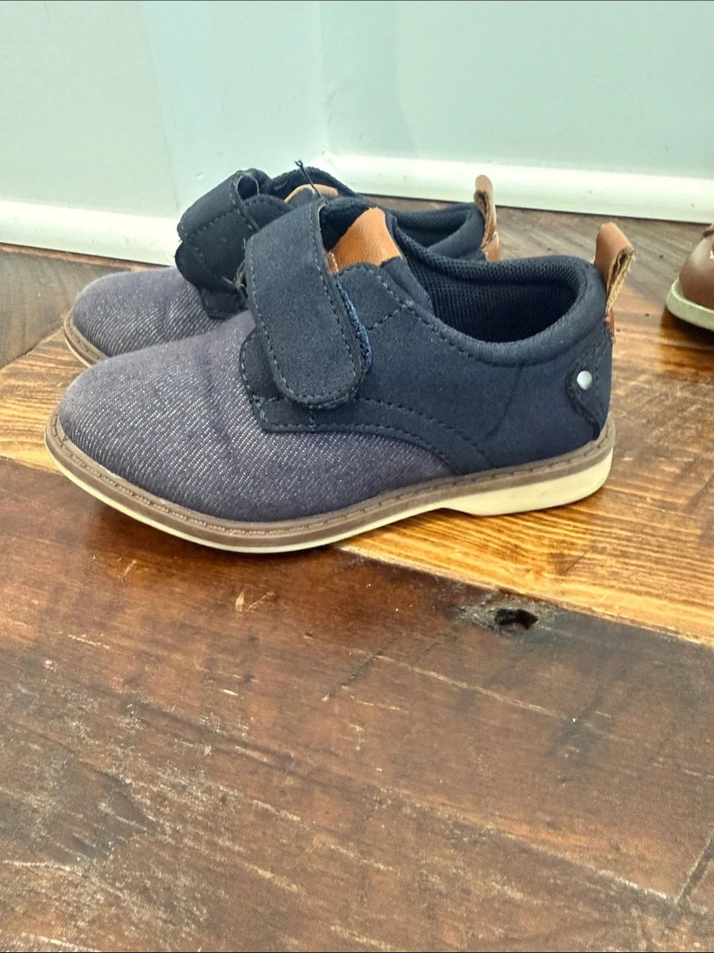 Toddler Navy Blue Velcro Sneakers with Tan Pull Tab